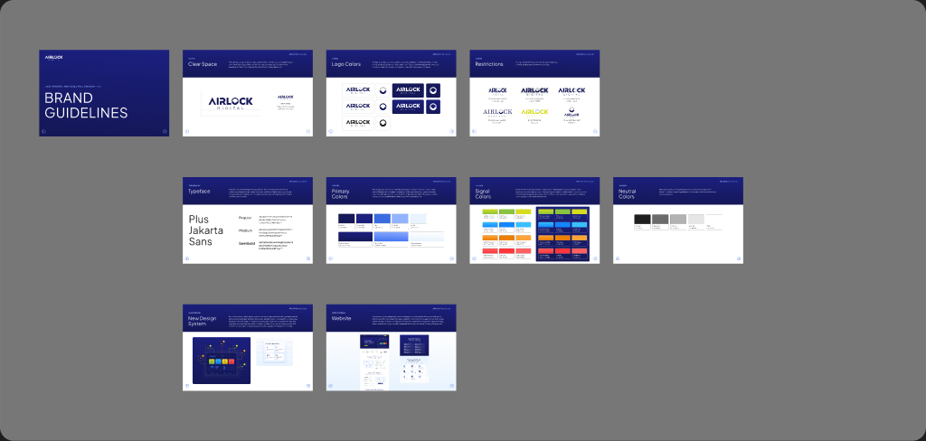 Airlock Brand Guidelines page in Figma: logo, clear space, logo colours, restrictions, typeface, primary, signal and neutral colours, new design system, website